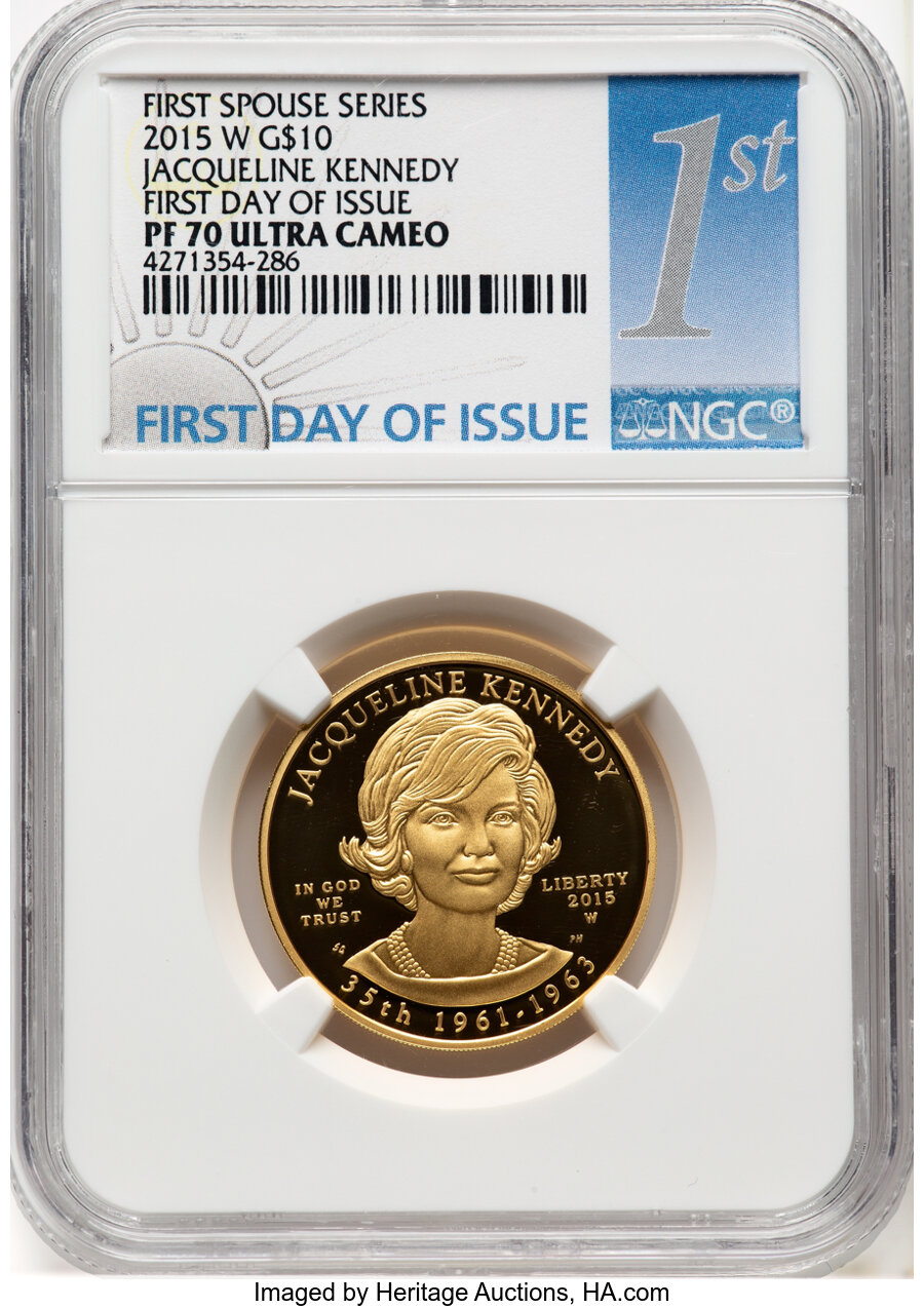 image for: 2015-W $10 Jacqueline Kennedy Half-Ounce Gold Ten Dollar, First Day of Issue, PR70 Ultra Cameo NGC....