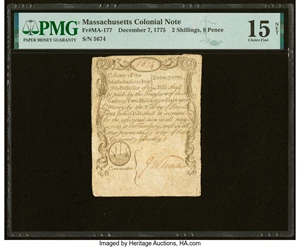 image for: Massachusetts December 7, 1775 2s 8d PMG Choice Fine 15 Net....