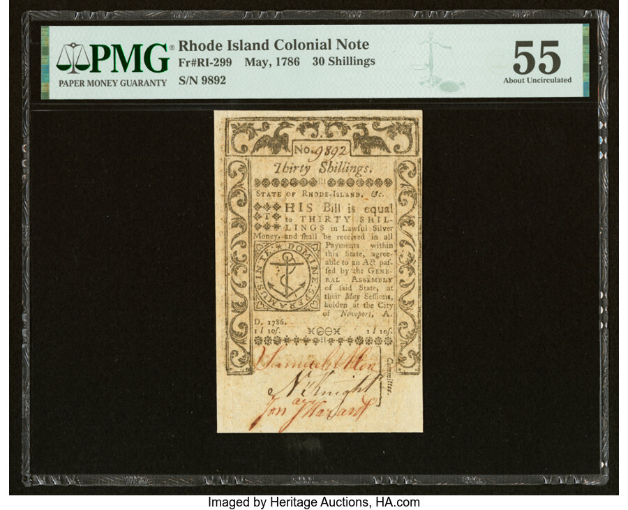 image for: Rhode Island May 1786 30s PMG About Uncirculated 55....