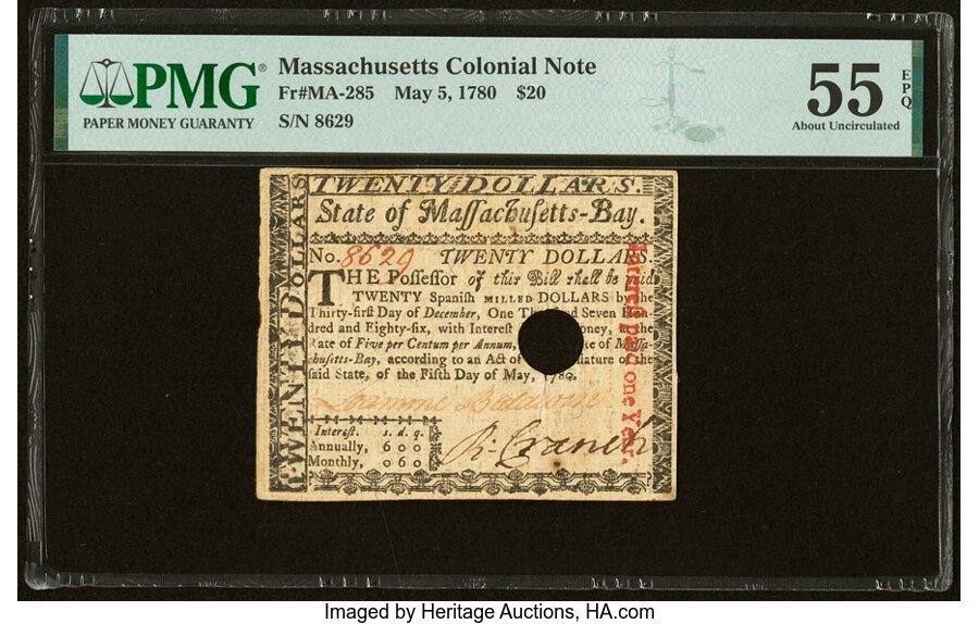image for: Massachusetts May 5, 1780 $20 PMG About Uncirculated 55 EPQ....