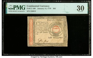 image for: Continental Currency January 14, 1779 $65 PMG Very Fine 30....