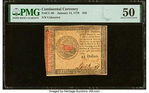 image for: Continental Currency January 14, 1779 $45 PMG About Uncirculated 50....