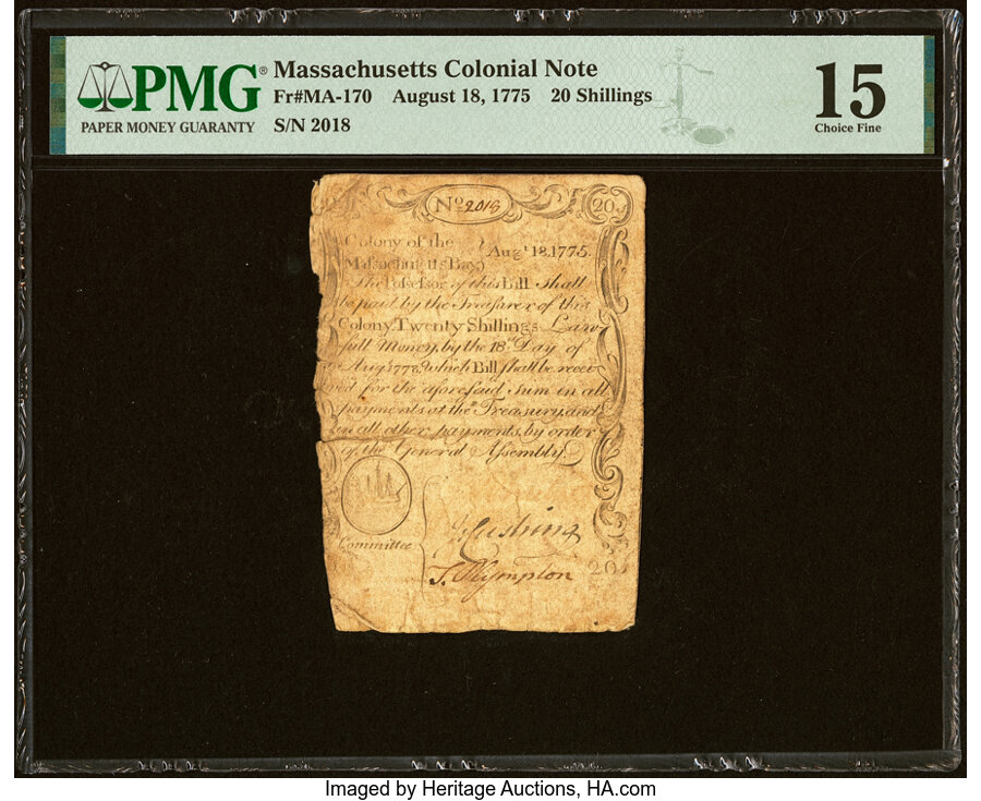 image for: Massachusetts August 18, 1775 20s PMG Choice Fine 15....