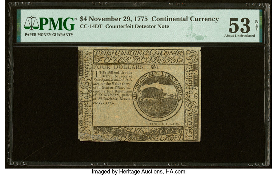 image for: Continental Currency November 29, 1775 $4 Blue Counterfeit Detector Note PMG About Uncirculated 53 Net....