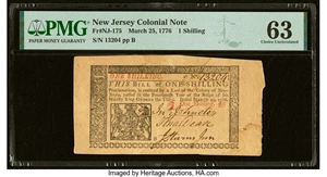 image for: New Jersey March 25, 1776 1s PMG Choice Uncirculated 63....