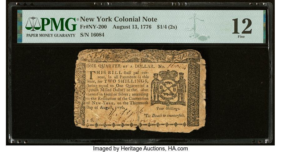 image for: New York August 13, 1776 $1/4 PMG Fine 12....
