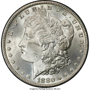 image for: 1880-CC $1 Reverse of 1878, 8 Over 7, VAM-7A, GSA, MS64 NGC. COA and original box included. NGC Census: (70/25)....
