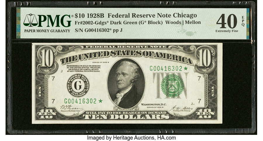 image for: Fr. 2002-G* $10 1928B Federal Reserve Star Note. PMG Extremely Fine 40 EPQ....