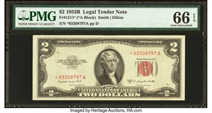 image for: Fr. 1511* $2 1953B Legal Tender Star Note. PMG Gem Uncirculated 66 EPQ....