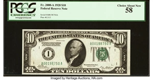 image for: Fr. 2000-A $10 1928 Federal Reserve Note. PCGS Choice About New 58....