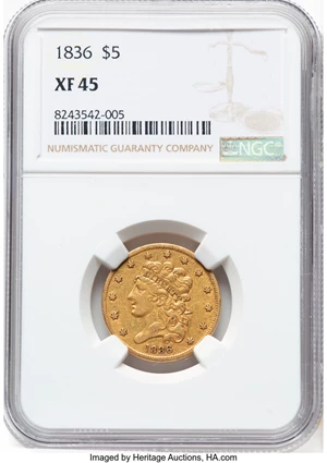 image for: 1836 $5 HM-5, Low R.5, XF45 NGC. Mintage 553,147....