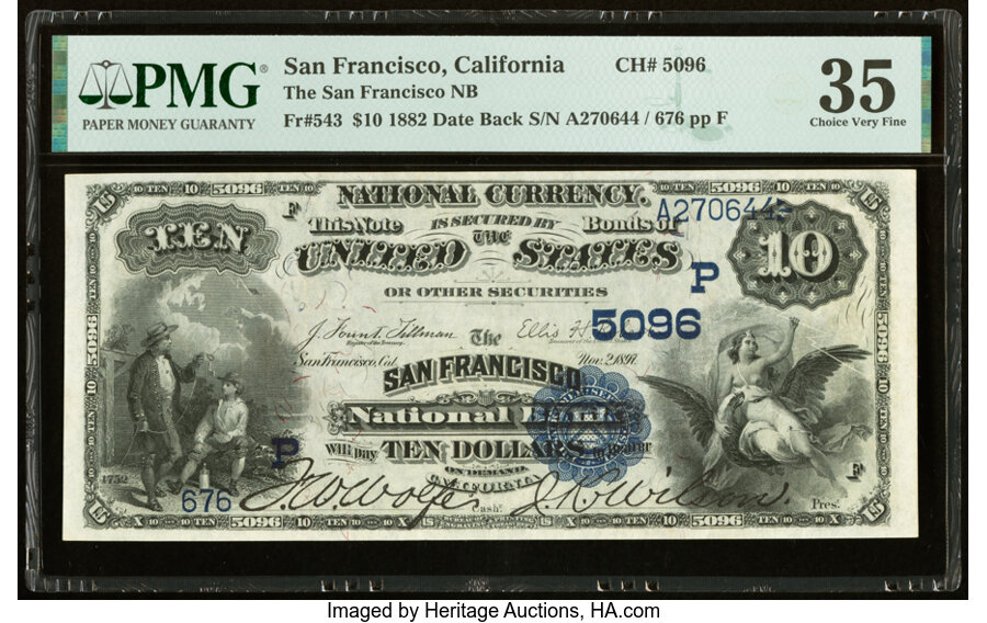 image for: San Francisco, CA - $10 1882 Date Back Fr. 543 The San Francisco National Bank Ch. # (P)5096 PMG Choice Very Fine 35....