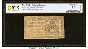 image for: New York April 20, 1756 £10 PCGS Banknote Very Fine 20 Details....