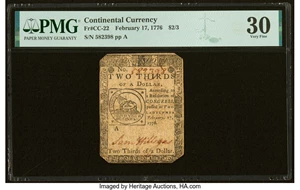 image for: Continental Currency February 17, 1776 $2/3 PMG Very Fine 30....