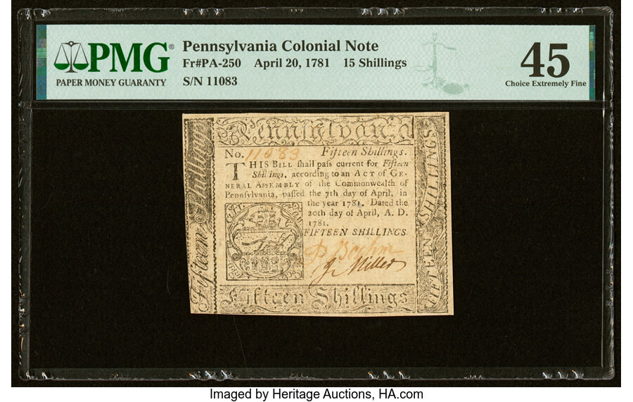 image for: Pennsylvania April 20, 1781 15s PMG Choice Extremely Fine 45....