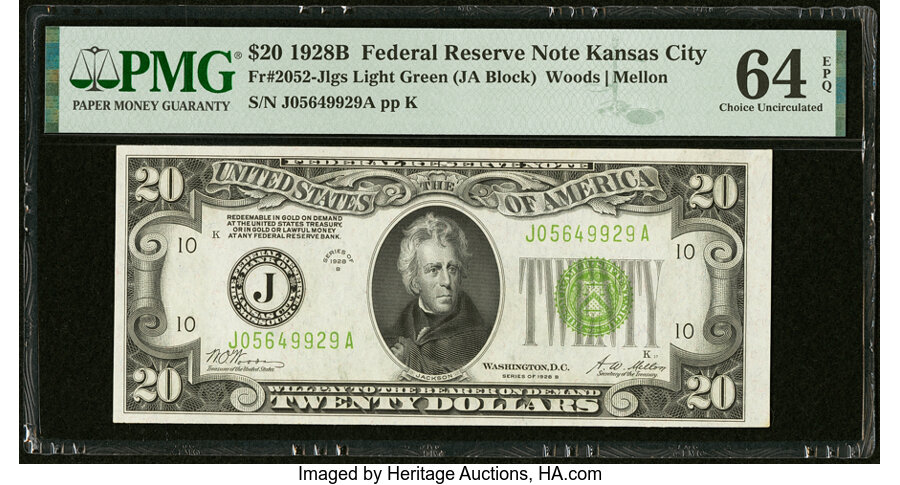 image for: Fr. 2052-J $20 1928B Light Green Seal Federal Reserve Note. PMG Choice Uncirculated 64 EPQ....