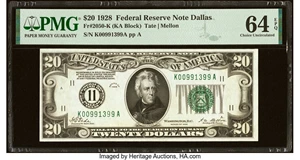 image for: Fr. 2050-K $20 1928 Federal Reserve Note. PMG Choice Uncirculated 64 EPQ....