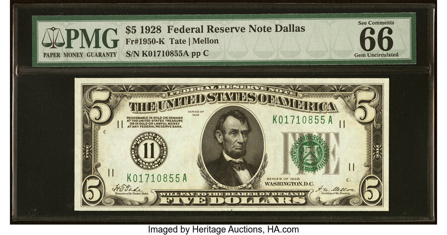 image for: Fr. 1950-K $5 1928 Federal Reserve Note. PMG Gem Uncirculated 66 EPQ....