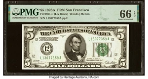 image for: Fr. 1951-L $5 1928A Federal Reserve Note. PMG Gem Uncirculated 66 EPQ....