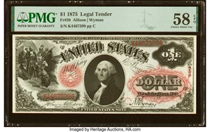 image for: Fr. 26 $1 1875 Legal Tender PMG Choice About Unc 58 EPQ....