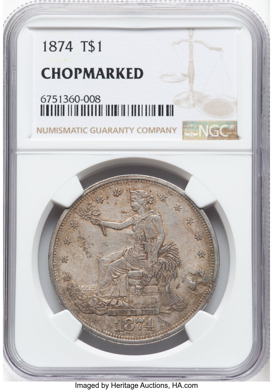 image for: 1874 T$1 -- Chopmarked -- NGC.  Mintage 987,100....