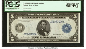 image for: Fr. 890 $5 1914 Federal Reserve Note PCGS Choice About New 58PPQ....