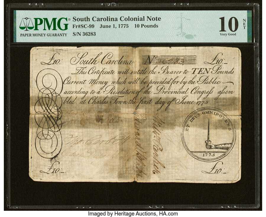 image for: South Carolina June 1, 1775 £10 PMG Very Good 10 Net....