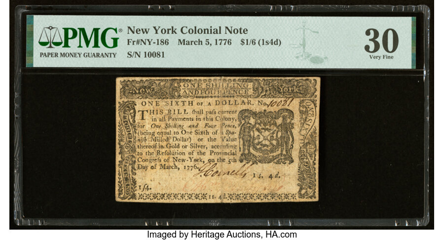image for: New York March 5, 1776 $1/6 PMG Very Fine 30....
