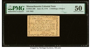image for: Massachusetts June 18, 1776 2s 6d PMG About Uncirculated 50....