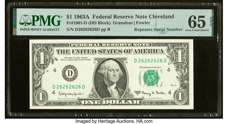 image for: Super Repeater Serial Number Fr. 1901-D $1 1963A Federal Reserve Note. PMG Gem Uncirculated 65 EPQ....