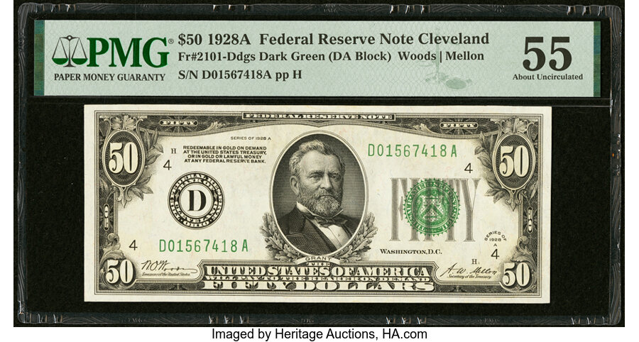 image for: Fr. 2101-D $50 1928A Federal Reserve Note. PMG About Uncirculated 55....