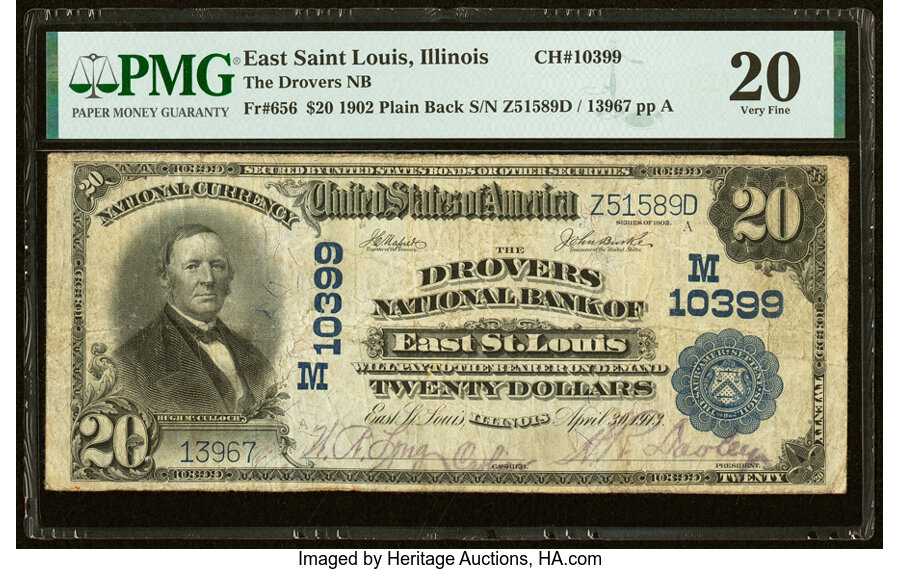image for: East Saint Louis, IL - $20 1902 Plain Back Fr. 656 The Drovers National Bank Ch. # (M)10399 PMG Very Fine 20....