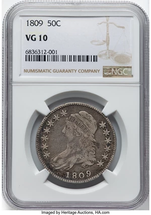 image for: 1809 50C Normal Edge, O-105, R.2, VG10 NGC. NGC Census: (19/614)....