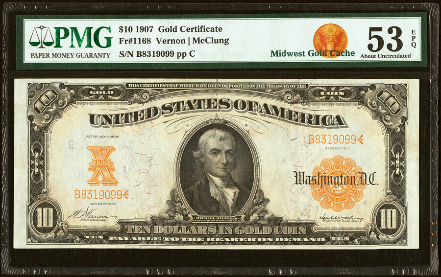 image for: Fr. 1168 $10 1907 Gold Certificate PMG About Uncirculated 53 EPQ....