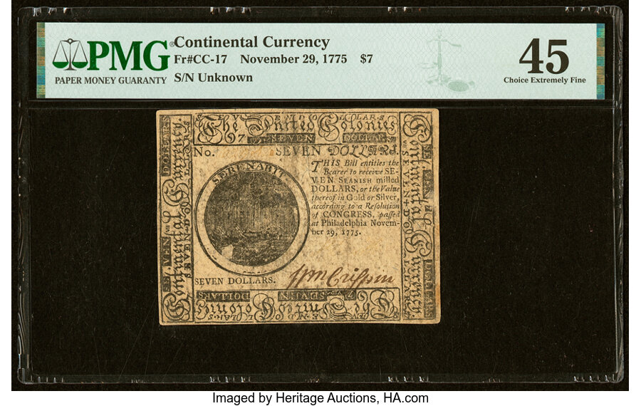 image for: Continental Currency November 29, 1775 $7 PMG Choice Extremely Fine 45....