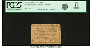 image for: New Hampshire June 28, 1776 1s PCGS Apparent Fine 15....
