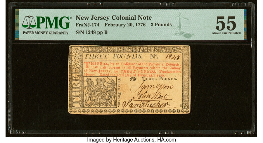 image for: John Hart Signed New Jersey February 20, 1776 £3 PMG About Uncirculated 55....