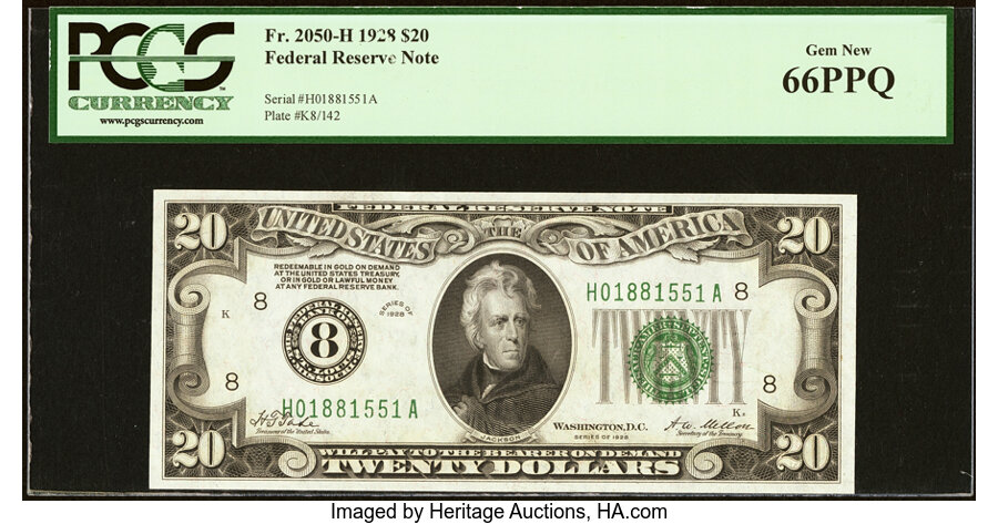 image for: Fr. 2050-H $20 1928 Federal Reserve Note. PCGS Gem New 66PPQ....