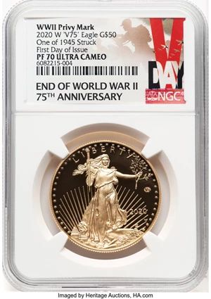 image for: 2020-W G$50 One Ounce Gold Eagle, v75 Privy, 1 of 1,945 Struck, First Day of Issue, End of World War II, 75th Anniversary, PR...