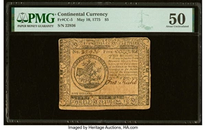 image for: Continental Currency May 10, 1775 $5 PMG About Uncirculated 50....