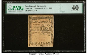 image for: Continental Currency February 17, 1776 $1/2 PMG Extremely Fine 40....