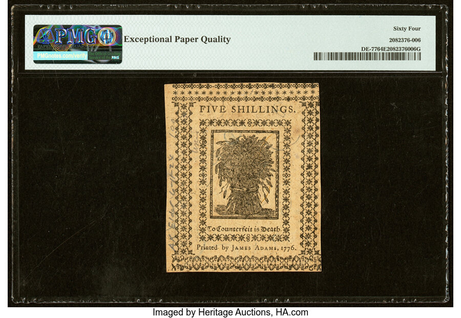 image for: Delaware January 1, 1776 5s PMG Choice Uncirculated 64 EPQ....