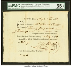 image for: Connecticut Pay Table Office Certificate August 1, 1783 £25.9s PMG About Uncirculated 55 EPQ....