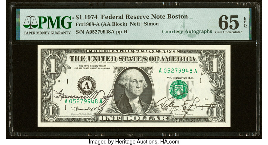 image for: Francine I. Neff and William E. Simon Dual Courtesy Autographed Fr. 1908-A $1 1974 Federal Reserve Note. PMG Gem Uncirculated ...