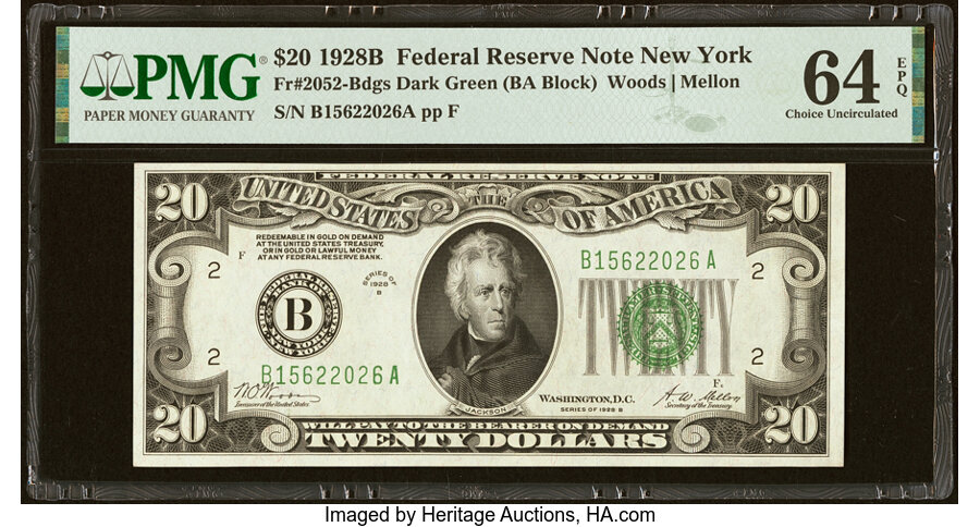 image for: Fr. 2052-B $20 1928B Federal Reserve Note. PMG Choice Uncirculated 64 EPQ....