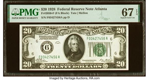 image for: Fr. 2050-F $20 1928 Federal Reserve Note. PMG Superb Gem Unc 67 EPQ....