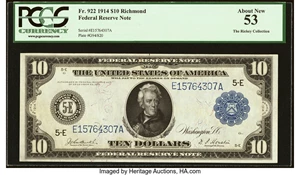 image for: Fr. 922 $10 1914 Federal Reserve Note PCGS About New 53....