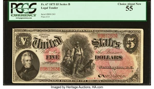 image for: Fr. 67 $5 1875 Legal Tender PCGS Choice About New 55....