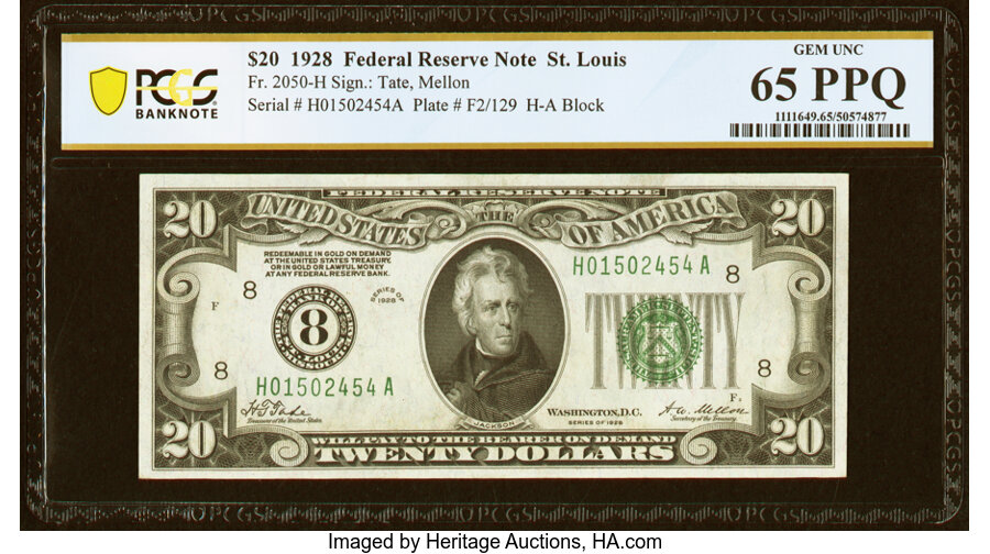 image for: Fr. 2050-H $20 1928 Federal Reserve Note. PCGS Banknote Gem Unc 65 PPQ....