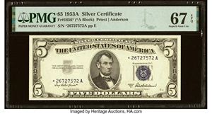 image for: Fr. 1656* $5 1953A Silver Certificate Star. PMG Superb Gem Unc 67 EPQ....